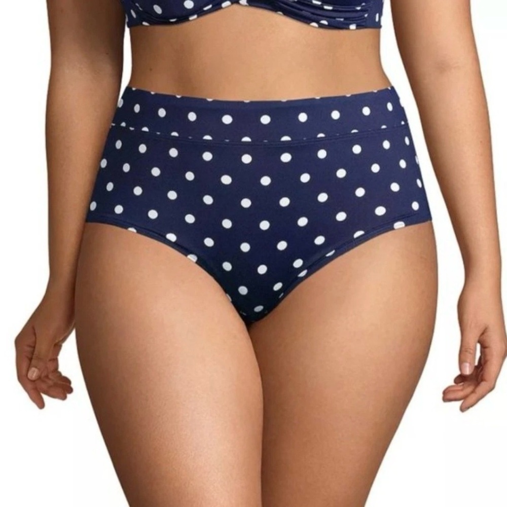 Lands' End Bikini Bottom Navy/White Polka Dot High Rise Swimsuit Size 12 NEW